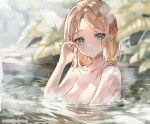  1girl :o bangs bathing blonde_hair blush breasts cleavage collarbone completely_nude eyebrows_visible_through_hair green_eyes leaf looking_at_viewer medium_breasts nude onsen parted_bangs parted_lips partially_submerged pointy_ears princess_zelda short_hair shuri_(84k) solo steam symbol_commentary the_legend_of_zelda the_legend_of_zelda:_breath_of_the_wild the_legend_of_zelda:_breath_of_the_wild_2 thick_eyebrows twitter_username upper_body water 
