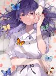  1girl bangs bug butterfly collared_dress crying crying_with_eyes_open dress eyebrows_visible_through_hair fate/stay_night fate_(series) hair_ribbon hand_on_another&#039;s_face hand_on_another&#039;s_hand hand_on_own_stomach highres insect long_hair long_sleeves looking_at_viewer lying matou_sakura on_back out_of_frame parted_lips petals puffy_short_sleeves puffy_sleeves purple_eyes purple_hair red_ribbon ribbon shimatori_(sanyyyy) shoes short_sleeves solo_focus tears tile_floor tiles white_dress white_sleeves 