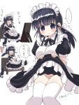  &gt;_&lt; ... 1girl animal apron black_hair blush cat flying_sweatdrops highres lifted_by_self maid maid_apron maid_headdress naitou_kouse original panties ponytail spoken_ellipsis striped striped_panties underwear white_background 