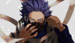  1boy bangs blue_eyes blue_hair blue_shirt boku_no_hero_academia covered_mouth hands_up long_sleeves looking_at_viewer male_focus mask mkm_(mkm_storage) mouth_mask purple_hair scarf shinsou_hitoshi shirt signature solo spiked_hair u.a._gym_uniform upper_body weapon white_scarf 