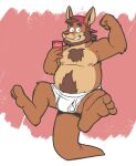  anthro barefoot baseball_cap beard black_nose body_hair briefs brown_body brown_fur bulge cellphone chest_hair clothed clothing detailed_background facial_hair feet flexing_arm fur hat headgear headwear heyitscousindave hi_res kangaroo macropod male mammal marsupial musclegut open_mouth phone pink_background red_clothing red_hat red_headwear simple_background smile solo teeth_showing tighty_whities topless underwear white_clothing white_underwear 
