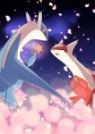  absurdres blurry claws closed_mouth commentary_request flower flying gen_3_pokemon hatoro_kuroyoshi highres holding holding_flower latias latios legendary_pokemon no_humans open_mouth petals pink_flower pokemon pokemon_(creature) red_eyes smile tongue |d 