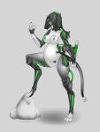  3:4 anthro areola bastiel breasts digitigrade female genitals gesture grey_background grey_nipples hi_res humanoid_genitalia humanoid_pussy machine needle_(disambiguation) nipples poison pregnant pussy robot rock simple_background solo standing 