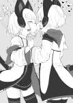 2girls blue_archive blush cat_ear_headphones closed_eyes commentary grey_background greyscale halo headphones heart highres holding_hands incest interlocked_fingers kiss long_sleeves matcha_(mattyan) midori_(blue_archive) momoi_(blue_archive) monochrome multiple_girls pussy_juice short_hair siblings simple_background sisters spoken_heart spoken_squiggle squiggle tail tears thighhighs twincest twins 