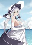  1girl azur_lane bare_shoulders black_ribbon blue_eyes breasts cleavage cloud cloudy_sky dress elbow_gloves eyebrows_visible_through_hair flight_deck from_side gloves hair_ribbon hat highres illustrious_(azur_lane) large_breasts long_hair looking_at_viewer ocean ribbon sapphire_(gemstone) skirt_hold sky sleeveless sleeveless_dress solo strapless strapless_dress sun_hat tri_tails water white_dress white_headwear z-jun.dd-zhong 