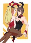  2girls alternate_costume animal_ears ass assam_(girls_und_panzer) backless_leotard bangs black_footwear black_legwear black_leotard black_neckwear black_ribbon blonde_hair blush border bow bowtie breasts brown_eyes brown_hair bunny_ears bunny_tail cleavage closed_mouth collar detached_collar fake_animal_ears fake_tail fishnet_legwear fishnets frown girls_und_panzer hair_pulled_back hair_ribbon half-closed_eyes heart high_heels leotard long_hair looking_at_another looking_away medium_breasts multiple_girls nishizumi_maho orange_background outline outside_border pantyhose playboy_bunny red_collar red_leotard ribbon short_hair sitting smile straddling strapless strapless_leotard sweat tail thong_leotard torinone white_border white_outline wing_collar wrist_cuffs yuri 