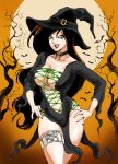  1girl black_choker black_dress black_hair black_headwear breasts choker cleavage cowboy_shot cross-laced_clothes dress green_eyes halloween halloween_costume hands_on_hips hat kim_possible kugayama_cannon large_breasts long_hair looking_at_viewer moon navel orange_sky parted_lips red_nails shego side_slit sky smile solo very_long_hair witch_hat 