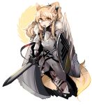  1girl absurdres animal_ear_fluff animal_ears arknights armor bangs blemishine_(arknights) blonde_hair eyebrows_visible_through_hair full_body highres holding holding_sword holding_weapon horse_ears horse_girl long_hair looking_at_viewer odmised open_mouth orange_eyes ponytail simple_background solo sword weapon white_background 