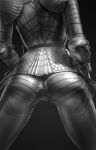  1girl absurdres armor ass ass_focus commentary english_commentary feet_out_of_frame from_behind full_armor greyscale head_out_of_frame highres impossible_armor monochrome plate_armor revision scabbard sheath simple_background solo sword wassnonnam weapon 