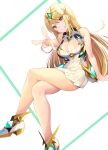 bangs bare_legs bare_shoulders blonde_hair breasts chest_jewel cleavage_cutout clothing_cutout daive dress earrings elbow_gloves gloves highres jewelry large_breasts long_hair mythra_(xenoblade) short_dress swept_bangs thigh_strap tiara very_long_hair white_dress white_footwear white_gloves xenoblade_chronicles_(series) xenoblade_chronicles_2 yellow_eyes 