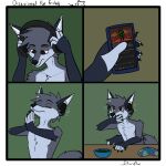  1:1 anthro bodily_fluids bowl canid canine comic doom_(series) doom_guy eating food fox headphones hi_res humor id_software listening_to_music male mammal plant solo spinach starrffax tears vegetable video_games 