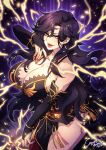  1girl black_hair breasts bridal_gauntlets circlet cleavage collarbone crescentia_fortuna earrings electricity eyebrows_visible_through_hair eyes_visible_through_hair fingernails fire_emblem fire_emblem_heroes highres huge_breasts jewelry long_fingernails long_hair signature solo sonia_(fire_emblem) tagme yellow_eyes 
