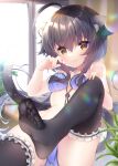  1girl :q ahoge animal_ear_fluff animal_ears bangs bare_shoulders black_hair black_legwear bra breasts cat_ears cat_girl cat_tail character_request commentary_request copyright_request feet feet_up fingernails foot_focus frilled_legwear hand_on_own_knee hand_up highres indoors ko_yu leg_up legs long_hair medium_breasts panties plant purple_bra purple_panties sidelocks solo tail thighhighs toes tongue tongue_out underwear yellow_eyes 