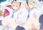  bed black_legwear blonde_hair blue_archive cat_ear_headphones censored clothed_sex green_eyes headphones highres lying midori_(blue_archive) momoi_(blue_archive) mosaic_censoring navel necktie penis petite pillow pov pov_hands red_eyes short_hair siblings spread_legs suwakana thighhighs twins 