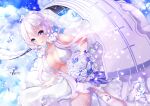  1girl air_bubble aircraft airplane azur_lane bare_shoulders biplane bouquet breasts bridal_veil bubble center_opening chao_wu_xing_xian cleavage cloud dress dutch_angle flight_deck flower gloves hair_ribbon halter_dress halterneck holding holding_bouquet illustrious_(azur_lane) illustrious_(morning_star_of_love_and_hope)_(azur_lane) lace-trimmed_dress lace_trim large_breasts long_hair official_alternate_costume purple_eyes ribbon rose see-through sleeveless sleeveless_dress solo swordfish_(airplane) tress_ribbon tri_tails veil wedding_dress white_dress white_flower white_gloves white_ribbon white_rose 