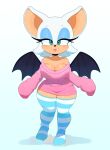  anthro breasts chiropteran cleavage clothed clothing cute_fangs female hi_res legwear looking_at_viewer mammal off_shoulder pattern_clothing pattern_legwear pattern_stockings rouge_the_bat solo somescrub sonic_the_hedgehog_(series) stockings striped_clothing striped_legwear striped_stockings stripes sweater topwear wide_hips wings 