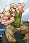  1boy arm_behind_head bara bare_pectorals blonde_hair bulge camouflage camouflage_pants clothes_pull dog_tags feet_out_of_frame green_tank_top jimsdaydreams large_pectorals looking_at_viewer male_focus muscular muscular_male nipple_slip nipples pants pectorals pokemon pulled_by_self shirt_pull short_hair solo sunglasses surge_(pokemon) tank_top thick_thighs thighs 