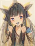  1girl absurdres artemis_of_the_blue atelier_live bangs black_hair blue_eyes blush collarbone grey_hoodie head_tilt highres holding holding_hair hood hoodie long_hair looking_at_viewer modoki_kuma mole mole_under_eye open_mouth shark_fin sharp_teeth smile solo teeth upper_body virtual_youtuber 