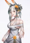  1girl :d animal_ear_fluff animal_ears arknights bangs bare_shoulders breasts bunny_ears collarbone commentary cowboy_shot dress earrings fingernails flower frostnova_(arknights) grey_eyes hair_flower hair_ornament hairpin halter_dress halterneck highres jewelry looking_at_viewer medium_breasts open_mouth orange_flower silver_hair skirt_hold smile solo teeth tied_hair white_background white_dress yuuki_mix 