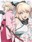  1girl ahoge arms_behind_back back bare_shoulders black_bow black_scarf blonde_hair blush bow breasts cherry_blossoms closed_mouth commentary eyebrows_visible_through_hair fate/grand_order fate_(series) flower grey_eyes hair_between_eyes hair_bow hakama holding holding_sword holding_weapon japanese_clothes katana kimono koha-ace long_sleeves looking_at_viewer lunapont medium_breasts obi okita_souji_(fate) okita_souji_(fate)_(all) open_mouth pink_flower pink_hakama pink_kimono sash scarf sheath sheathed short_hair smile solo sword symbol_commentary twitter_username weapon wide_sleeves 