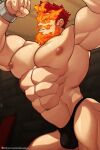  1boy abs bara beard black_male_underwear boku_no_hero_academia bound bound_wrists briefs bulge cowboy_shot cuffs facial_hair fiery_hair fire flexing from_side handcuffs jimsdaydreams large_pectorals looking_at_viewer male_focus male_underwear mature_male muscular muscular_male navel nipples pectorals pose profile recording short_hair sideburns solo stomach thick_thighs thighs todoroki_enji underwear underwear_only 