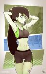  1girl adjusting_hair armpits arms_up artist_name bandaid black_hair colored_skin cowboy_shot earrings fenixman12 green_eyes green_skin highres jewelry kim_possible long_hair mouth_hold navel outline ponytail shego signature solo sports_bra sportswear very_long_hair white_outline 