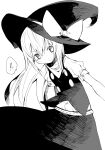  ! 1girl absurdres aki_maki_yuu black_headwear black_skirt black_vest cowboy_shot greyscale hat highres kirisame_marisa long_hair looking_at_viewer monochrome shirt short_sleeves simple_background skirt solo spoken_exclamation_mark touhou vest white_background white_shirt witch_hat 