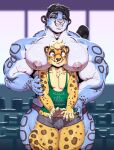  2021 anthro anthro_on_anthro barazoku big_muscles big_pecs blood blush bodily_fluids bottomwear bulge clothed clothing duo english_text eyes_closed felid gym hair hand_on_arm hand_on_hip huge_muscles huge_pecs inside leopard male male/male mammal muscular muscular_anthro muscular_male nipples nosebleed pan_(sxfpantera) pantherine pecs shirt shorts size_difference smile standing surprise sxfpantera tank_top text text_on_clothing text_on_topwear thick_thighs topless topless_male topwear wide_eyed 