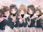  5girls bag black_hair blush brown_hair cardcaptor_sakura closed_eyes daidouji_tomoyo glasses green_eyes grey_eyes holding holding_bag kinomoto_sakura mihara_chiharu multiple_girls open_mouth petals sasaki_rika school_uniform tomoeda_elementary_school_uniform yanagisawa_naoko 