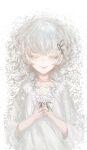  1girl absurdres closed_eyes eyelashes flower hair_ribbon hands_together highres holding holding_flower huge_filesize original pale_skin petals ribbon rsef short_hair simple_background smile solo strangle_mark white_background white_hair 