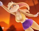  1girl :o animal_nose blonde_hair body_fur bow breasts bunny_tail cleavage feet_out_of_frame front-tie_top furry gloves halter_top halterneck humanization lola_bunny looney_tunes open_mouth patreon_username prywinko purple_shorts rabbit_girl short_hair shorts solo space_jam sportswear tail tied_ears toon white_gloves 
