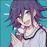  :d bangs collarbone commentary_request danganronpa_(series) danganronpa_v3:_killing_harmony fang fanta green_background grey_shirt hair_between_eyes hand_up happy holding looking_at_viewer misora_(crnr8777) notice_lines open_mouth ouma_kokichi pale_skin purple_eyes purple_hair shirt short_hair simple_background smile solo sparkle star-shaped_pupils star_(symbol) symbol-shaped_pupils teeth upper_body 