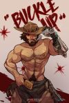  1boy abs bara beard bulge chest_hair cigar cowboy_hat dark_skin dark_skinned_male denim facial_hair feet_out_of_frame hairy hat jeans jimsdaydreams looking_at_viewer male_focus male_pubic_hair mature_male mccree_(overwatch) muscular muscular_male navel navel_hair nipples open_pants overwatch pants pectorals penis_peek prosthesis prosthetic_arm pubic_hair shirtless short_hair smoking solo stomach 