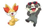  closed_eyes fangs fennekin gen_6_pokemon leaf monoshiri_hakase no_humans official_style open_mouth pancham pokemon pokemon_(anime) pokemon_(creature) pokemon_xy_(anime) red-framed_eyewear simple_background smile starter_pokemon sunglasses teeth toes tongue white_background |d 