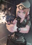  1girl bandaid belt belt_pouch beret bulletproof_vest clenched_teeth commentary_request cz-75 fence finger_on_trigger firing green_eyes gun handgun hat highres holster orange_hair original pouch samaru_(seiga) scrape shell_casing sweatdrop teeth watch weapon wristwatch zombie 