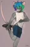  2021 after_exercise anthro ari_(caudamus) blue_hair bodily_fluids bottomwear bulge clothed clothing clothing_lift footwear fur green_hair grey_body grey_fur hair half-closed_eyes hi_res male mammal mouse multicolored_body multicolored_fur multicolored_hair murid murine narrowed_eyes purple_hair raised_leg rodent shirt shirt_lift shoes shorts sicklyhypnos sneakers solo spandex stretching sweat tight_clothing topwear two_tone_body two_tone_fur 