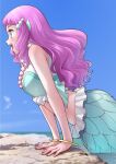  1girl aqua_eyes blue_sky bracelet cloud day head_fins highres jewelry laura_(precure) long_hair looking_away mermaid midriff monster_girl ocean ogry_ching open_mouth outdoors partially_submerged pink_hair precure profile sky solo tropical-rouge!_precure water wet 