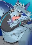  abs anthro blue_body blue_fur blush canid canine canis clothed clothing clothing_lift fur hi_res male mammal muscular muscular_anthro muscular_male nipples pecs seikeikei2015 shirt shirt_lift solo tindalos_(tas) tokyo_afterschool_summoners tongue topwear video_games wolf 