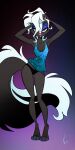  1:2 anthro birchly black_body black_fur breasts clothed clothing courtney_brushmarke female fur hair hi_res looking_at_viewer mammal mephitid simple_background skunk solo white_body white_fur white_hair 