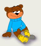  aaron_amethyst absurd_res adidas anthro cereal_mascot clothing footwear golden_crisp hi_res kellogg&#039;s male mammal mascot post shirt sitting socks solo sugar_bear topwear ursid 