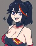  1girl 2021 aurahack bare_shoulders black_hair blue_eyes breasts cleavage collarbone grey_background highres kill_la_kill large_breasts looking_at_viewer matoi_ryuuko multicolored_hair ponytail race_queen red_hair signature simple_background smile solo 