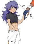  2boys bangs blush dark_skin dark_skinned_male eyelashes flying_sweatdrops gloves gym_leader hand_up holding_hand leon_(pokemon) long_hair male_focus mj_(11220318) multiple_boys navel open_mouth partially_fingerless_gloves pokemon pokemon_(game) pokemon_swsh purple_hair raihan_(pokemon) shirt short_sleeves shorts shorts_tug simple_background sweat tearing_up teeth tongue translation_request white_background white_legwear white_shorts white_wristband yellow_eyes younger 