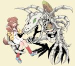  1girl :3 animal_collar animal_ears bone_hair_ornament boned_meat braid breasts brown_hair brown_tail cleavage collar crossover digimon digimon_(creature) dog_ears dog_girl dog_tail dress food green_eyes hair_between_eyes hair_ornament highres hololive inugami_korone jacket large_breasts long_hair low_twin_braids meat red_collar skullgreymon tail twin_braids virtual_youtuber watanabe_masafumi_(masafumi_127) white_dress yellow_jacket 