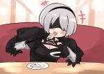  +++ 1girl :d bangs black_dress black_gloves blindfold blush breasts chopsticks cleavage couch dress eating food gloves grey_hair highres holding holding_chopsticks i.u.y juliet_sleeves long_sleeves medium_breasts mole mole_under_mouth nier_(series) nier_automata open_mouth plate puffy_sleeves round_teeth sitting smile solo sushi table teeth upper_body upper_teeth yorha_no._2_type_b 