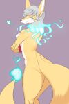  &lt;3 2021 absurd_res anthro blue_fire blue_hair blush breasts canid canine colored_fire convenient_censorship denyfake eyes_closed featureless_breasts female fingers fire fox fur grey_background grey_nose hair hi_res holding_object kemono long_hair looking_back mammal multicolored_body multicolored_fur multicolored_hair nipple_outline nude portrait rear_view silver_hair simple_background smile snout solo tail_censorship three-quarter_portrait white_body white_fur yellow_body yellow_fur 