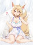  1girl animal_ear_fluff animal_ears bangs bare_arms bare_legs bare_shoulders blonde_hair blush breasts cleavage collarbone dress eyebrows_visible_through_hair fox_ears fox_girl fox_tail hair_between_eyes heart heart_necklace jewelry kneeling large_breasts looking_at_viewer multiple_tails necklace open_mouth original owl_(polaris_ilu) pink_eyes sleeveless sleeveless_dress smile tail white_dress 