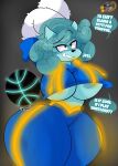  2020 absurd_res anthro basketball bedroom_eyes big_breasts big_butt blue_body blue_fur blue_hair bottomwear breasts butt clothing curvy_figure dialogue digital_media_(artwork) english_text fangs female fur green_eyes hair hi_res hoodie hourglass_figure huge_breasts huge_butt humanoid inkit89 midriff midriff_baring_shirt monster multicolored_body multicolored_fur narrowed_eyes nipple_slip nipples pants seductive sheila_(drartmaster107) simple_background smile solo talking_to_viewer teeth text thick_thighs topwear voluptuous white_body white_fur wide_hips yeti 