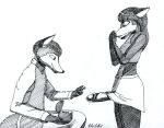  anthro canid canine clothing duo erection fox genitals gynomorph gynomorph/male hatching_(art) intersex intersex/male kneeling konstantin_kholchev legwear male mammal penis proposal ring_(jewelry) shaded shocked skirt_boner smile thigh_highs traditional_media_(artwork) 