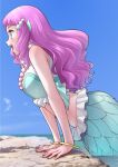  1girl aqua_eyes blue_sky bracelet cloud commentary_request day head_fins highres jewelry laura_(precure) long_hair looking_away mermaid midriff monster_girl ocean ogry_ching open_mouth outdoors partially_submerged pink_hair precure profile sky solo tropical-rouge!_precure water wet 