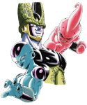  3boys absurdres black_lips black_nails black_sclera cell_(dragon_ball) clenched_hand clenched_teeth colored_sclera colored_skin commentary_request dragon_ball dragon_ball_z frieza grey_skin highres looking_at_viewer majin_buu male_focus multiple_boys nagare_seiya parted_lips perfect_cell pink_skin red_eyes sharp_teeth simple_background smile teeth toriyama_akira_(style) white_background 
